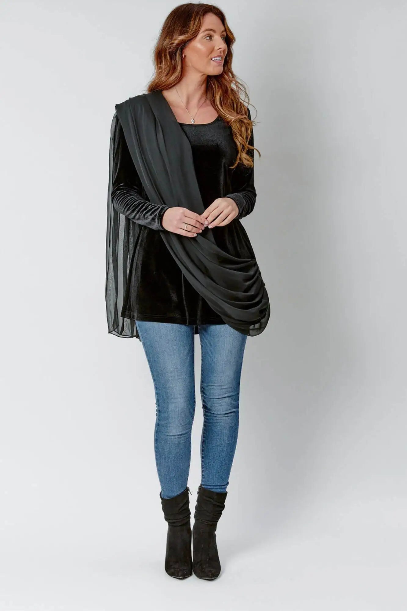 Velvet Longline Top with Chiffon Saree drape